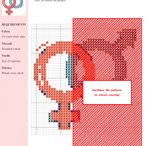 Image of a cross-stitch pattern depicting interlocking male and female symbols in coral and teal, representing gender equality.