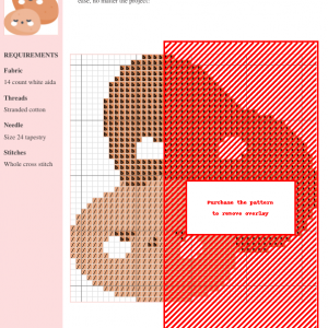Cross stitch pattern featuring two cute, cartoon potatoes; one smiling and one sleepy. Warm orange and brown tones.