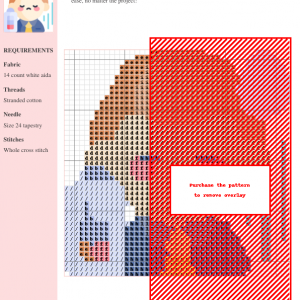 Cross stitch pattern depicting a cute cartoon character experiencing burnout, holding a thermometer, with sweat droplets and motion lines suggesting exhaustion.