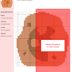 Cross stitch pattern of a charming, orange fossil-like creature with a smiling face and swirling inner details.