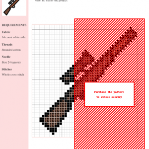 Cross stitch pattern depicting a detailed rifle with a scope, in brown and black thread colors.