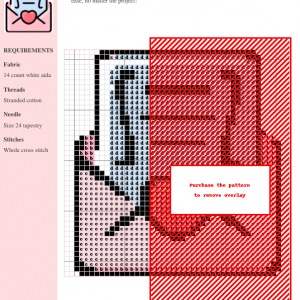 Cross stitch pattern of a pink envelope with a heart, containing a wedding invitation-style letter. Perfect for crafting and wedding projects.