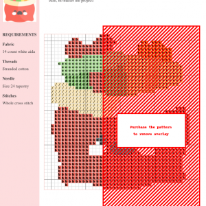 Cross stitch pattern of a cute, cartoonish red gift bag overflowing with presents. Christmas themed, kawaii style.