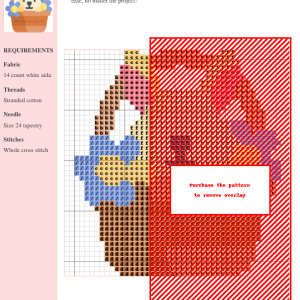 Cross stitch pattern of a cute bunny sitting in a basket of flowers.