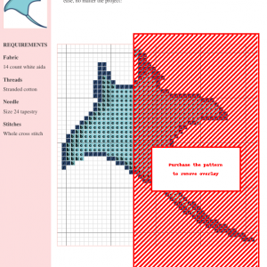 A charming cross stitch pattern depicting a light blue manta ray, swimming gracefully. The design features simple lines and subtle color variations.