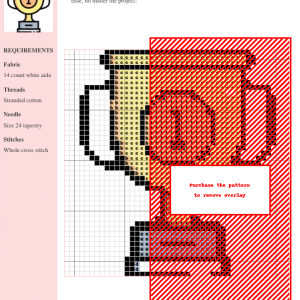 Cross stitch pattern design depicting a golden trophy with the number one on it. Perfect for crafting and celebrating achievements.