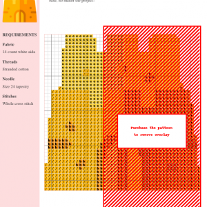 Image of a cross stitch pattern depicting a whimsical yellow sandcastle, perfect for summer crafting projects.