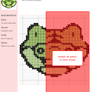 Image of a charming crocodile cross stitch pattern design. The pattern features a simplified, friendly crocodile face in shades of green.