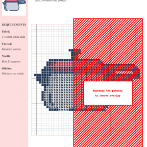 Image of a cross stitch pattern depicting a pressure cooker in muted grey and pink tones.