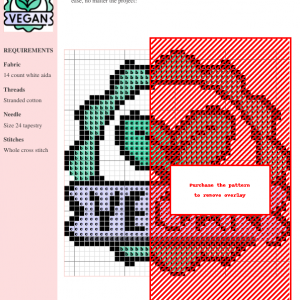 Image of a vegan cross stitch pattern featuring a stylized sprout design within a teal and purple badge.