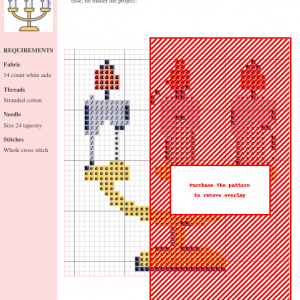 Cross stitch pattern depicting a charming three-candle candelabra with soft colors and dripping wax details.