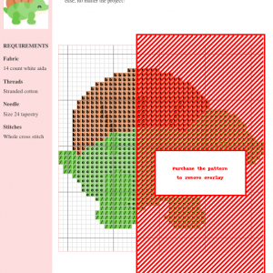 Cross stitch pattern featuring a cute, cartoon-style Dimetrodon, predominantly green and orange.