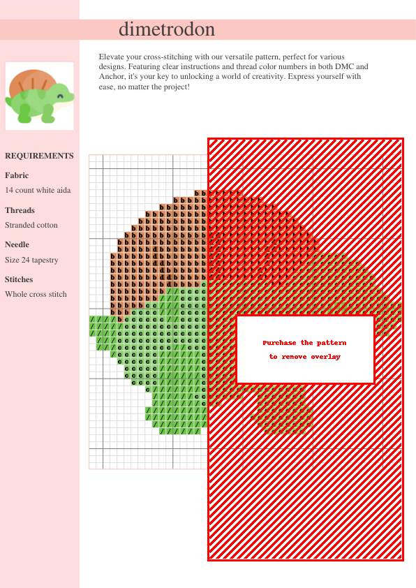 Cross stitch pattern featuring a cute, cartoon-style Dimetrodon, predominantly green and orange.