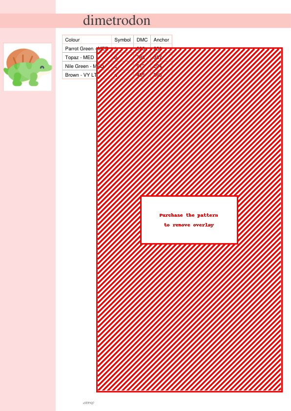 A charming cross-stitch pattern depicting a Dimetrodon, a prehistoric reptile, in shades of green and orange.