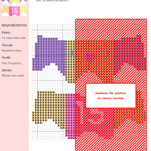 Image of a cross stitch pattern featuring a cheerful bunting design with the number 15, in shades of purple, yellow, and pink.