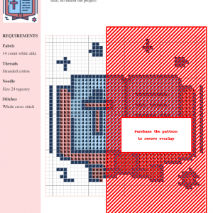 Cross stitch pattern depicting an open Bible with a prominent cross on its cover. Soft pastel colors are used in the design.
