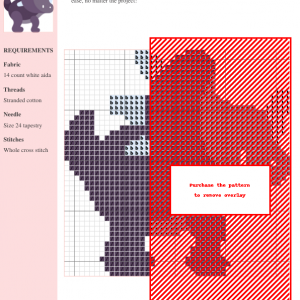 Image of a charming styracosaurus cross stitch pattern. The design features a purple dinosaur with light blue frill and horns.