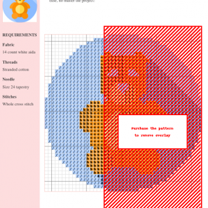 Image of a cross stitch pattern featuring a cute orange teddy bear on a light blue background.