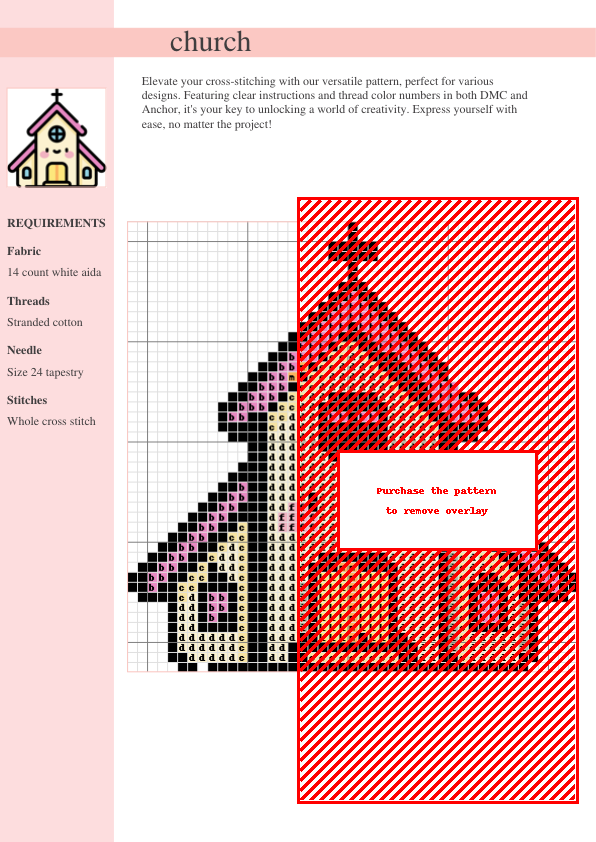Cross stitch pattern of a charming cartoon church in pastel yellow and pink, featuring simple design elements.