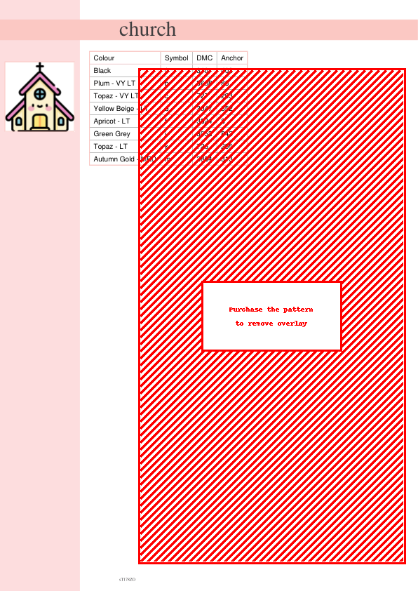 Image of a charming cross stitch pattern depicting a smiling church building in pastel yellow and pink.