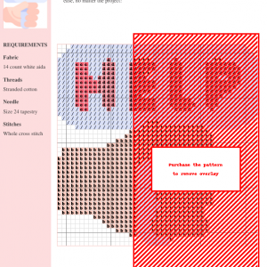 Cross stitch pattern depicting a hand holding a 'HELP' sign; featuring a modern, minimalist style with muted pink and blue tones.