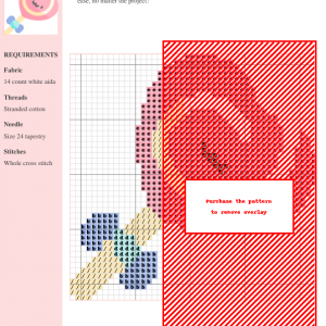 Adorable cross stitch pattern of a heart-shaped lollipop with a cute face, featuring pastel pink, yellow, and blue colors.