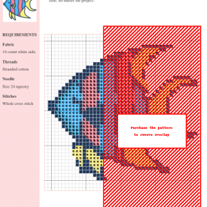 Cross stitch pattern of a colorful angel fish with pink, blue, and yellow stripes, perfect for beginner to intermediate stitchers.