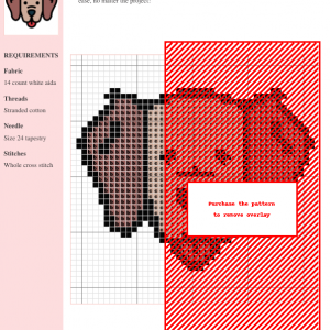 Cross stitch pattern featuring a charming Golden Retriever design. The pattern uses warm brown, tan, and red colors.