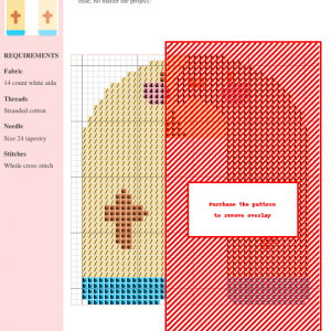 Cross stitch pattern depicting a smiling, rainbow-shaped arch with crosses on each side, ideal for a stole.