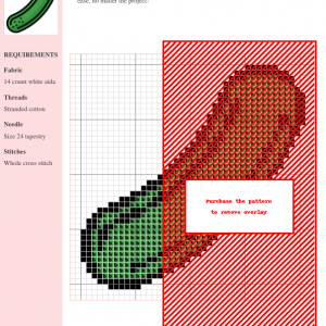 Image of a charming cross stitch pattern depicting a single, curved cucumber in shades of green.