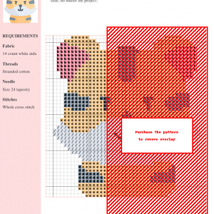 Image of a cross stitch pattern featuring a cute, stylized tiger with orange and gray stripes and pink ears.