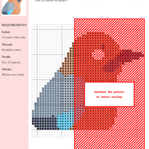 Cross stitch pattern featuring a charming jay bird, depicted in shades of peach, blue, and grey. The design is simple yet detailed, perfect for intermediate stitchers.