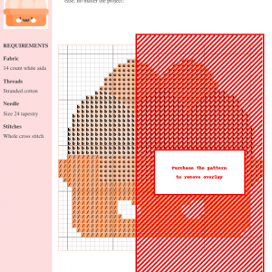 Cross stitch pattern of a cute cartoon egg carton with four eggs inside, in shades of orange and cream.