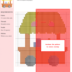 Cross stitch pattern depicting a charming kawaii-style food stall with a yellow umbrella, ice cubes, and drinks.