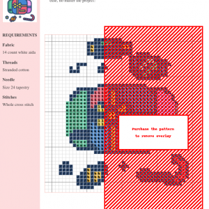 Cross stitch pattern featuring a charming gift box surrounded by colorful candies and sweets. Perfect for holiday crafting projects.