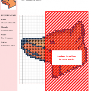 Image of a cross-stitch pattern featuring a charming fox head design in shades of orange and white.