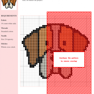 Image of a cross stitch pattern depicting the head of a Pointer dog, featuring brown, white, and black colors.