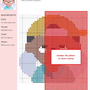 Cross stitch pattern featuring a cute cartoon character wearing a yellow baseball cap, representing mental health awareness.