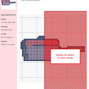 Image of a cross-stitch pattern depicting a cute saucepan with a red lid and gray body.