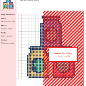 Cross stitch pattern depicting three stacked food containers in pastel blue, yellow, and pink, each with a circular label.