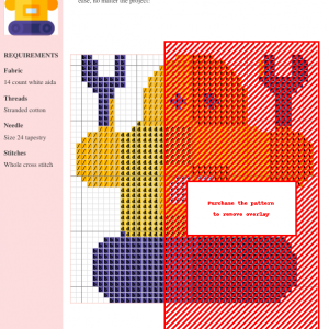 Image of a charming robot cross stitch pattern. The robot is yellow and orange with purple treads, holding two forks aloft.