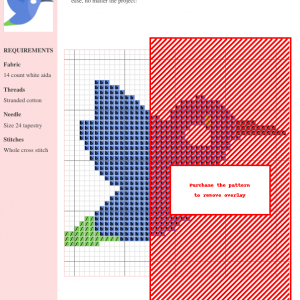 Cross stitch pattern depicting a vibrant blue hummingbird with lime green tail, perfect for needlepoint and embroidery projects.