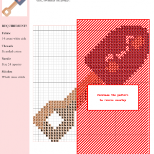 Image of a cross stitch pattern depicting a cute, cartoonish shovel with a wooden handle and a gray, slightly smiling shovel head.