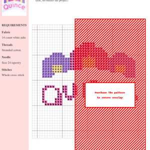 Cross stitch pattern design featuring a floral crown with pink and purple flowers, and the word 'Quince' in a banner.