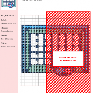 Cross stitch pattern of a soccer ball nestled against a goal net, featuring a pastel pink and blue color scheme.