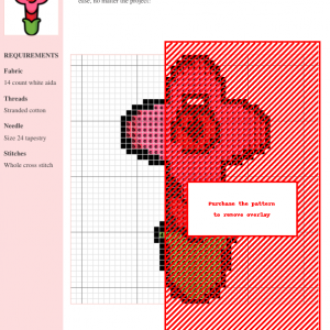Cross stitch pattern featuring a stylized lipstick flower in shades of pink, red, and green.