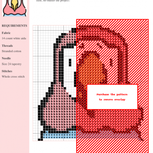 Close-up of a cross stitch pattern depicting a charming parrot's head in pink and light blue, perfect for crafting and embroidery projects.