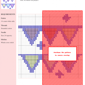 Cross stitch pattern featuring a pastel-colored bunting garland. The design includes triangular flags in soft purple, pink, yellow, and blue.