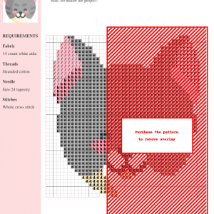 A charming cross stitch pattern featuring a grey and pink European Shorthair cat with rosy cheeks and playful expression.