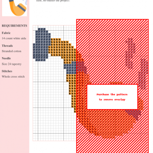 Image of a cross-stitch pattern depicting a stylized orange tobacco pipe with dark grey accents and wisps of smoke.